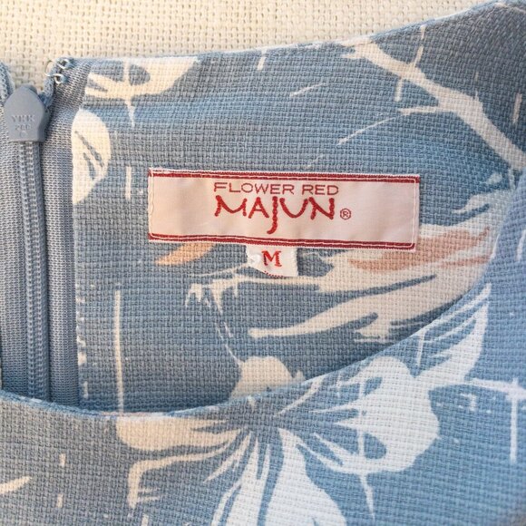 Majun Japan Floral Midi Dress M Blue White Peach Cap Sleeve Textured Vintage - Picture 3 of 4